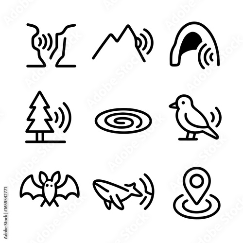 Nature Echo Icons. Outline icon set of echo in nature: canyon echo, mountain echo, cave echo, forest echo, water ripple, bird call