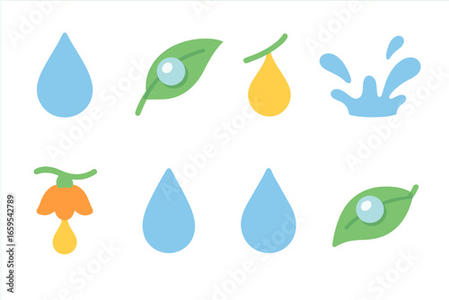 Nature Droplet Icons. Flat vector mini-illustrations dropper in nature in colors children's illustrations: raindrop, dew drop,