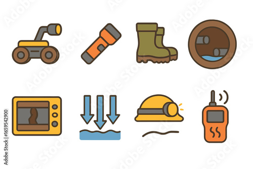 Underground Inspection Tools. Flat vector mini-illustrations Underground pipe inspection in colors children's