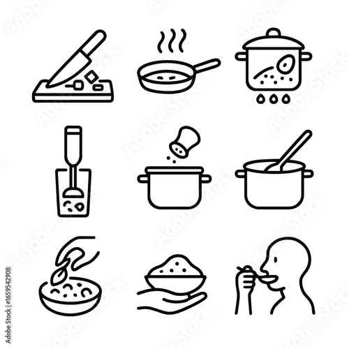 Curry Cooking Icons. Outline icon set of curry preparation steps: chopping, sautéing, simmering, blending, seasoning, stirring,