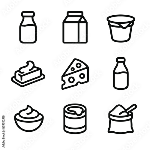 Dairy Product Icons. Outline icon set of milky dairy products: milk, cream, yogurt, butter, cheese, kefir, sour cream, condensed