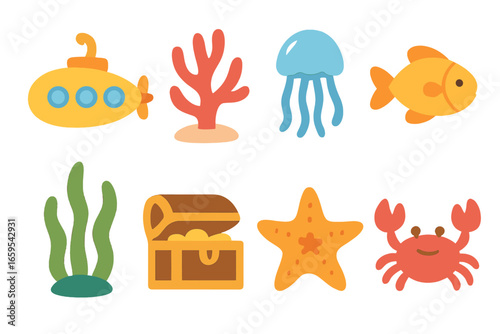 Underwater Adventure Icons. Flat vector mini-illustrations underwater world in colors children's illustrations
