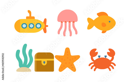 Underwater Adventure Icons. Flat vector mini-illustrations underwater world in colors children's illustrations