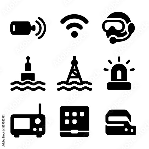 Underwater Communication Icons. Solid, filled icons set of underwater communication: acoustic modem, signal
