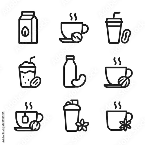 Nutty Beverage Icons. Outline icon set of nutty beverages: almond milk, hazelnut latte, peanut smoothie, nut butter shake, cashew