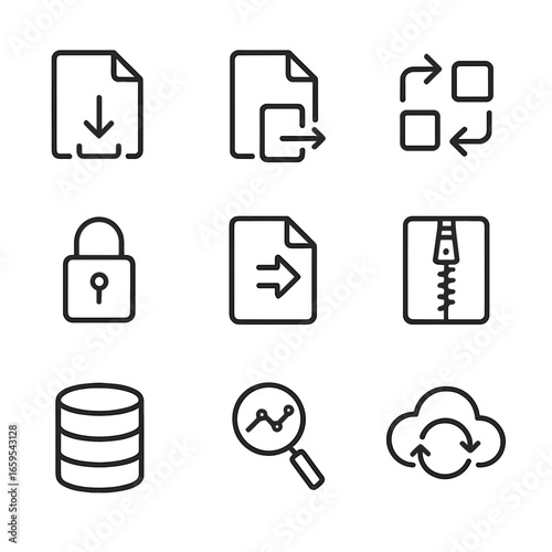 Data Transformation Icons. Outline icon set of data transformation: data import, export, conversion, encryption, compression,