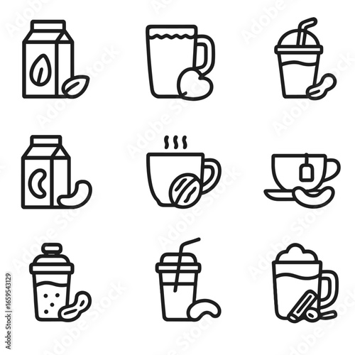 Nutty Beverage Icons. Outline icon set of nutty beverages: almond milk, hazelnut latte, peanut smoothie, nut butter shake, cashew