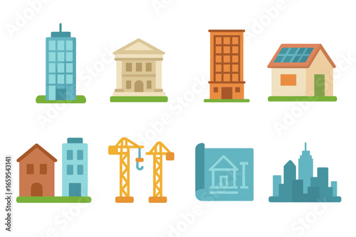 Urban Architecture Evolution. Flat vector mini-illustrations urban architecture evolution in colors children's