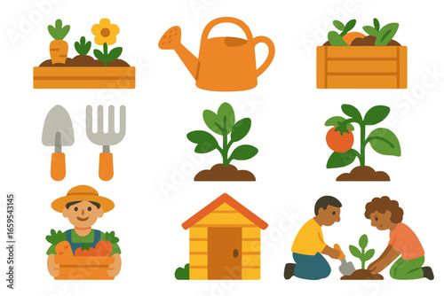 Urban Garden Icons. Flat vector mini-illustrations Community gardens and urban agriculture in colors