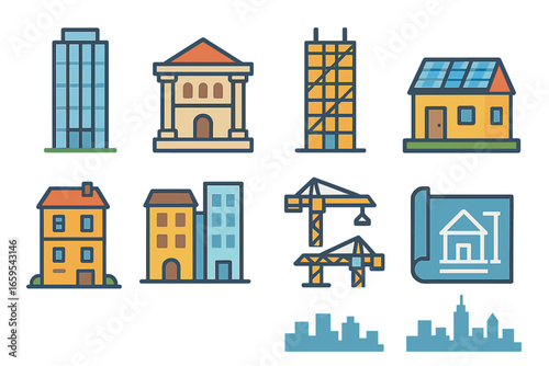 Urban Architecture Evolution. Flat vector mini-illustrations urban architecture evolution in colors children's