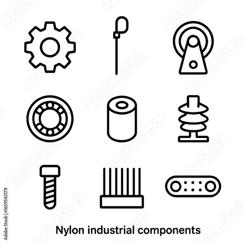 Nylon Component Icons. Outline icon set of nylon industrial components: gear wheel, cable tie, pulley, bearing, spacer, insulator,