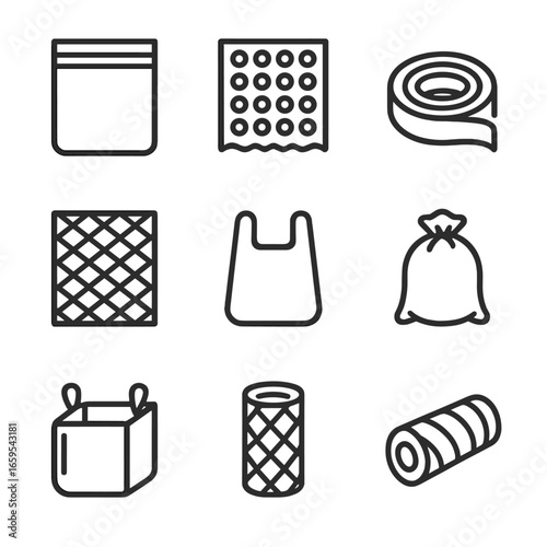Nylon Packaging Icons. Outline icon set of nylon packaging materials: zip bag, bubble wrap, strapping band, plastic mesh, carrying