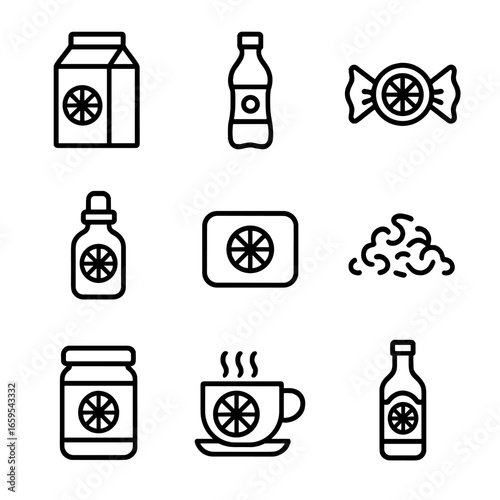 Orange Product Icons. Outline icon set of orange products: orange juice carton, orange soda bottle, orange candy, orange essential