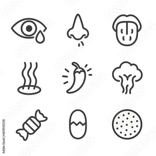 Onion Sensory Icons. Outline icon set of onion related sensory icons: eye tear, nose sniff, taste buds, aroma waves, spicy