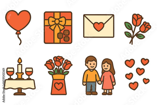 Valentine's Day Icons. Flat vector mini-illustrations Valentine's Day date in colors children's illustrations: