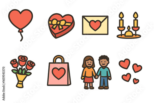 Valentine's Day Icons. Flat vector mini-illustrations Valentine's Day date in colors children's illustrations:
