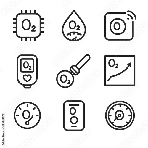 Oxygen Monitoring Icon Set. Outline icon set of oxygen monitoring devices: oxygen sensor chip, oxygen level indicator, oxygen