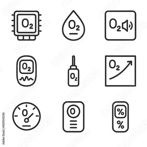 Oxygen Monitoring Icon Set. Outline icon set of oxygen monitoring devices: oxygen sensor chip, oxygen level indicator, oxygen