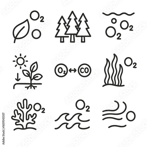 Oxygen Icon Grid. Outline icon set of oxygen in nature: leaf releasing oxygen, forest trees, underwater oxygen bubbles,