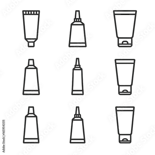Packaging Tube Icons. Outline icon set of packaging tubes: toothpaste tube, glue tube, cream tube, paint tube, caulking tube,
