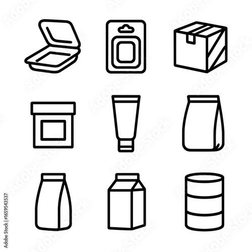 Packaging Icons Set. Outline icon set of packaging styles: clamshell, blister pack, shrink wrap, box with insert, tube, pouch, bag