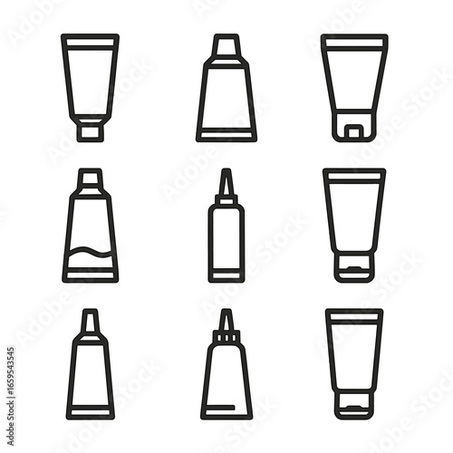 Packaging Tube Icons. Outline icon set of packaging tubes: toothpaste tube, glue tube, cream tube, paint tube, caulking tube,