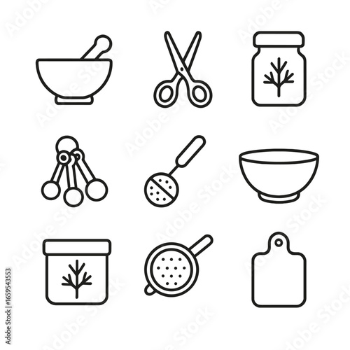 Dill Kitchen Icons. Outline icon set of dill kitchen utensils: mortar and pestle, herb scissors, spice jar, measuring spoons, tea