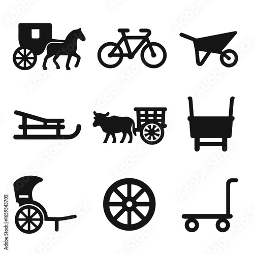 Vintage Transport Icons. Solid, filled icons set of vintage transportation: horse carriage, tandem bicycle,