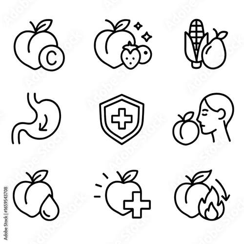 Peach Health Icons. Outline icon set of peach health benefits: vitamin C, antioxidants, fiber, digestion aid, immune support, skin