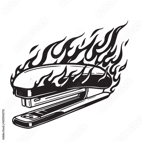 Black and white burning stapler illustration representing hot office work or office crisis