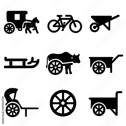 Vintage Transport Icons. Solid, filled icons set of vintage transportation: horse carriage, tandem bicycle,