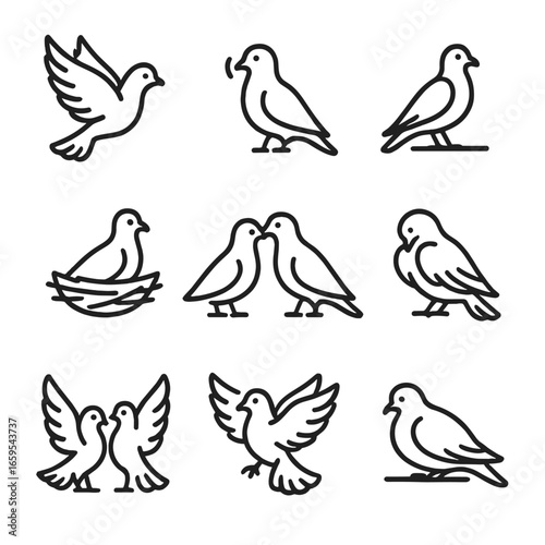 Dove Behavior Icons. Outline icon set of dove behaviors: flying, cooing, perching, nesting, feeding, preening, mating dance,