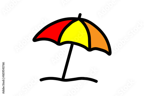 The umbrella has three panels in red, yellow, and orange, supported by a black pole planted into the sand, represented by a simple wavy line