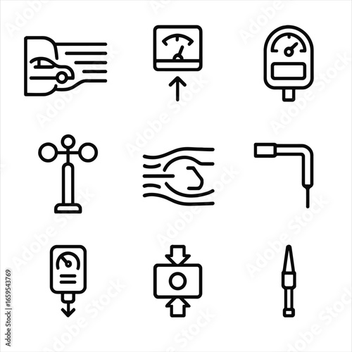 Drag Measurement Icons. Outline icon set of drag measurement tools: wind tunnel, force sensor, drag coefficient meter, anemometer,