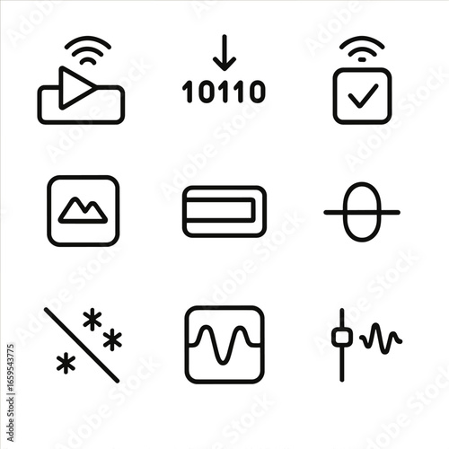 Downlink Signal Processing Icons. Outline icon set of downlink signal processing: signal amplifier, demodulator, error correction,