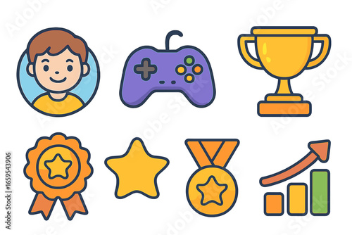 Virtual Team Games Icons. Flat vector mini-illustrations virtual team games in colors children's illustrations