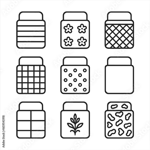 Duvet Patterns Icons. Outline icon set of duvet patterns: stripes, floral, geometric, plaid, polka dots, solid color, patchwork,
