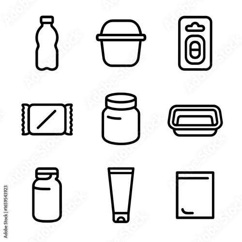 PET Packaging Icons. Outline icon set of PET packaging types: bottle, clamshell, blister pack, film wrap, jar, tray, canister,