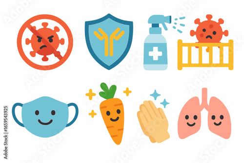 Virus Protection Icons. Flat vector mini-illustrations virus protection symbols in colors children's