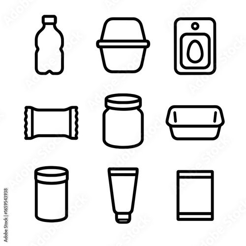 PET Packaging Icons. Outline icon set of PET packaging types: bottle, clamshell, blister pack, film wrap, jar, tray, canister,