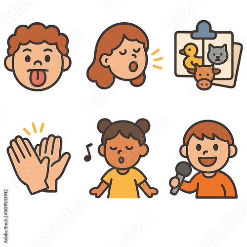 Vocal Games Icons. Flat vector mini-illustrations Warm-up vocal games for kids in colors children's