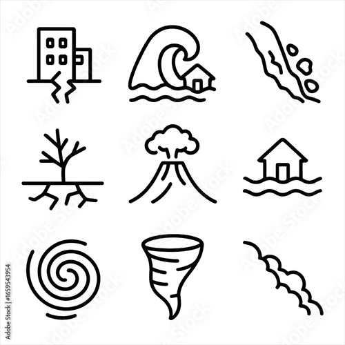 Earth Phenomena Icons. Outline icon set of earth phenomena: earthquake, tsunami, landslide, volcanic eruption, drought, flood,