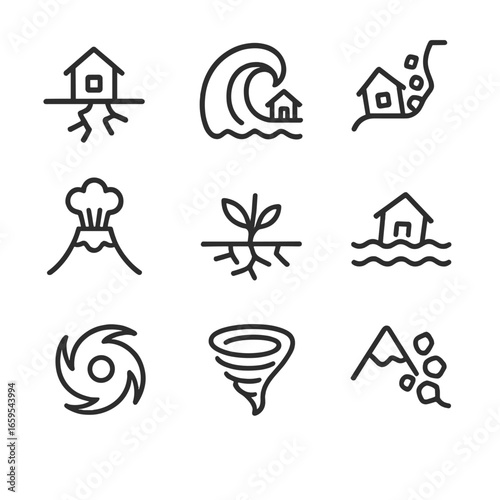 Earth Phenomena Icons. Outline icon set of earth phenomena: earthquake, tsunami, landslide, volcanic eruption, drought, flood,