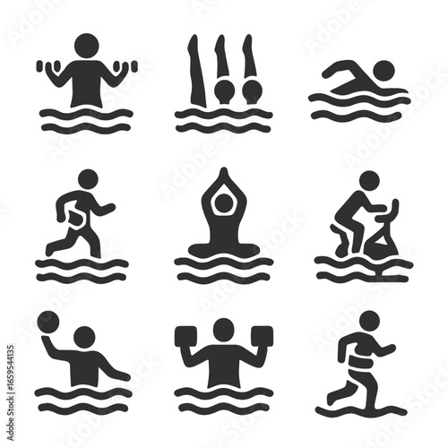 Water Fitness Icons. Solid, filled icons set of water fitness activities: water aerobics, synchronized