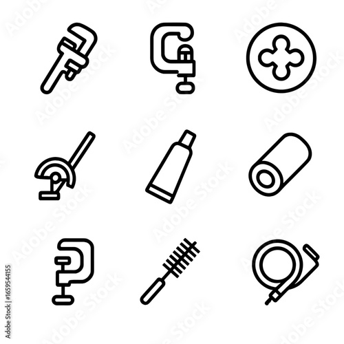 Pipe Tools Icons. Outline icon set of pipe tools: pipe wrench, pipe cutter, threading die, pipe bender, pipe sealant, pipe