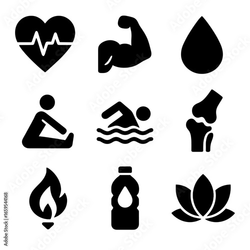 Water Fitness Icons. Solid, filled icons set of water-based fitness health benefits: heart rate monitor,