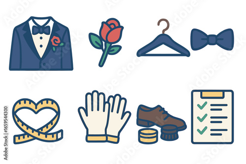 Wedding Suit Icons. Flat vector mini-illustrations Wedding suit tailoring in colors children's illustrations: