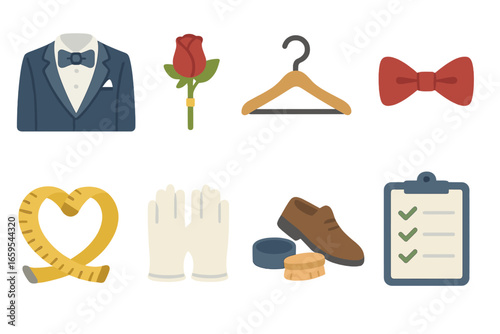 Wedding Suit Icons. Flat vector mini-illustrations Wedding suit tailoring in colors children's illustrations: