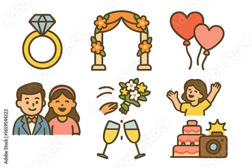 Wedding Celebration Icons. Flat vector mini-illustrations Wedding celebration with friends in colors