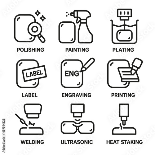 Plastic Finishing Icons. Outline icon set of plastic part finishing: polishing, painting, plating, labeling, engraving, printing,